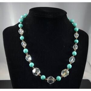 Vintage Art Deco Crystal Bead Necklace Turquoise Lucite 1940s 1950s Hand Cut 17"